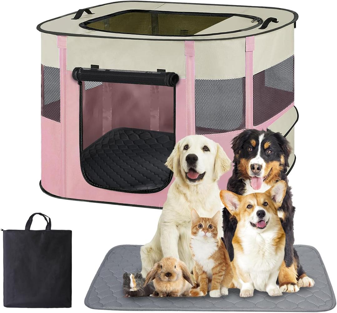 Pet Dog Cat Playpen with Waterproof Pad,Portable Puppy Kitten Rabbit Crate and Other Small Animals Kennel Cage Tent for Indoor Outdoor Travel Camping,Water-Resistant Breathable Shade Cover (Pink S)