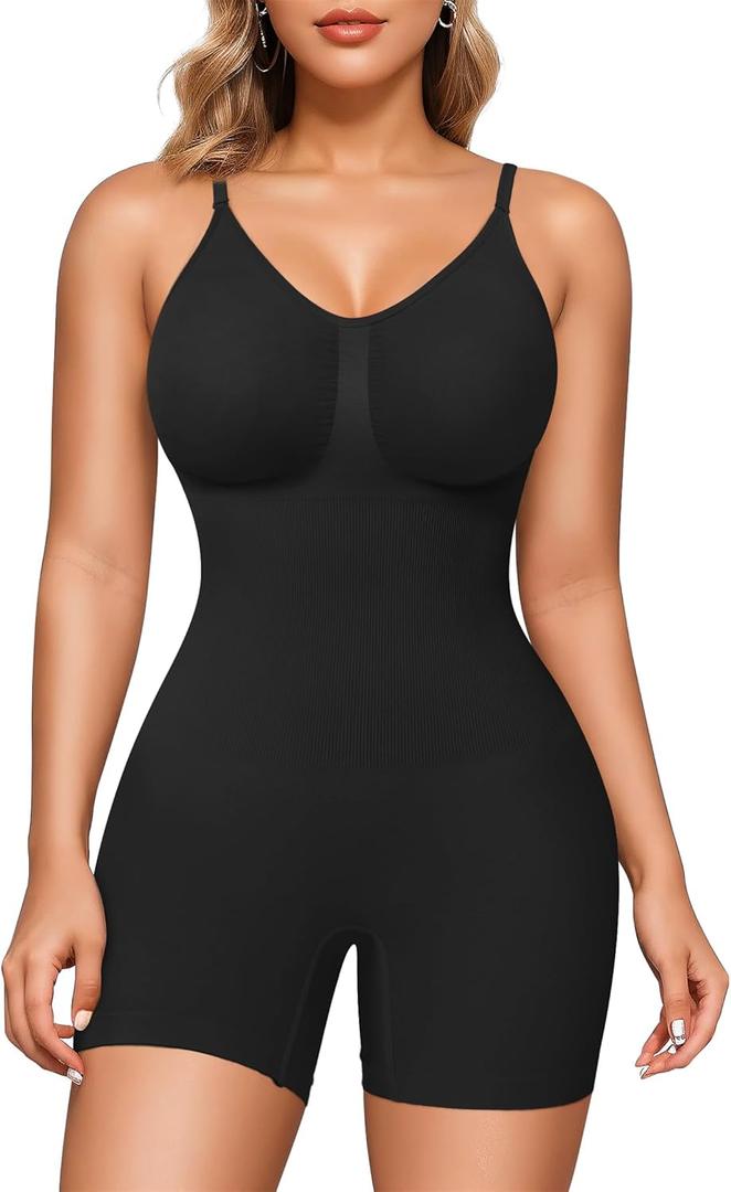 Nebility Shapewear Bodysuit for Women Tummy Control Body Suit Seamless Sculpting Body Shaper Mid Thigh Shorts (Medium-Large, Black)