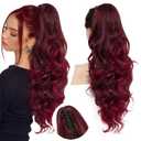 N NAYASA 24''Long Wavy Ponytail Extension, Burgundy Ombre Claw Clip Hair Piece, Long Curly Wavy Wine Red Ponytail Hair Extension Jaw Clip on Pony Tails Hairpiece for Women