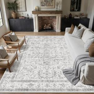 PureCozy Grey 9x12 Area Rug Vintage Washable Living Room Carpet Non Slip Neutral Bedroom Indoor Office Low Pile Large Traditional Distressed Retro Gray Accent Rug for Dining Room Bathroom Kitchen