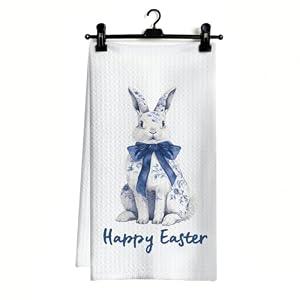 Ghoaoivo Chinoiserie Bunny Happy Easter Kitchen Dish Towels, Bunny Gifts for Women, Blue Bow Floral Easter Rabbit Hand Tea Towels for Kitchen Bathroom Decor, 16x24 Inch