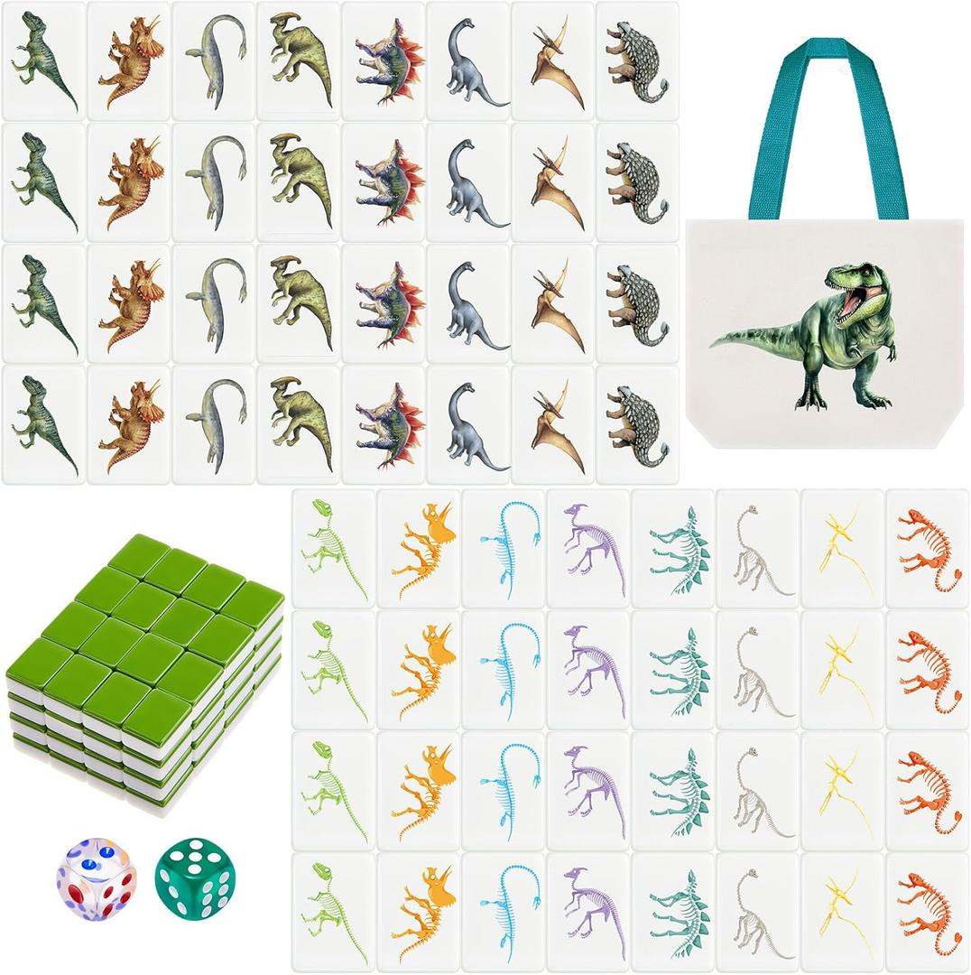 65 Tiles 30 mm Dinosaur Mahjong Block Set with Storage Bags 2 Player Mahjong Push Tile Game Pattern No DIY Required for Friend Family Game Night Party Gift