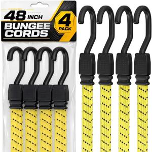 Houseables Long Bungee Cords with Hooks, Heavy Duty Bungee Cords, Dolly Straps, Elastic Tie Down Straps, Moving Rope, Rope with Hook, Soga Para Amarrar, Flat Rubber, Truck, Outdoor, 48 Inch, 4FT, 4 PK