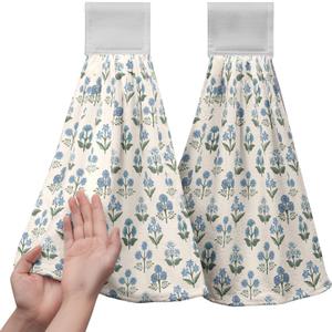 Blue Green Floral Summer Hanging Kitchen Towels Vintage Flowers Hand Towel with Hanging Loop Farmhouse Decorative Bath Tie Towels Soft Absorbent Fingertip Dish Cloth Set of 2