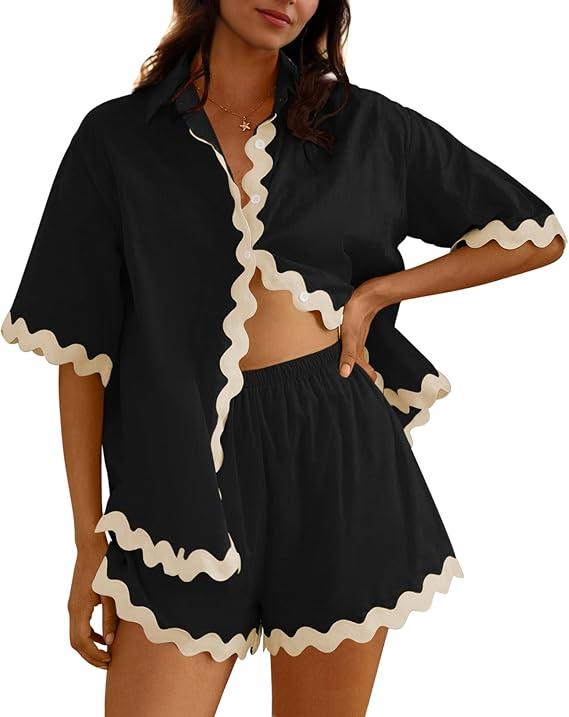 Women Two Piece Summer Sets Short Sleeve Button Down Shirts Size M