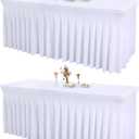 2 Packs White Spandex Table clothes for 6 Foot Rectangle Tables, Wrinkle Free 6ft Fitted Table Cover Stretch Table Cloth Desk Skirt for Weddings Baby Shower Birthday Party Banquet Decorations