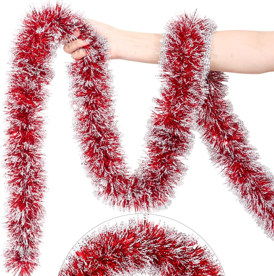 50 Feet Red Christmas Tinsel Garland for Christmas Tree Decorations, Xmas Metallic Twist Shiny Hanging Garland Decor for Mantle Stairs Fireplace Home Holiday Indoor Outdoor