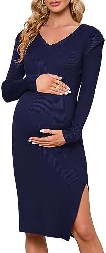 KOJOOIN Women's Maternity V Neck Sweater Dress Rib Knit Long Sleeve Bodycon Side Slit Midi Dress Fall Photoshoot Baby Shower, Black, M