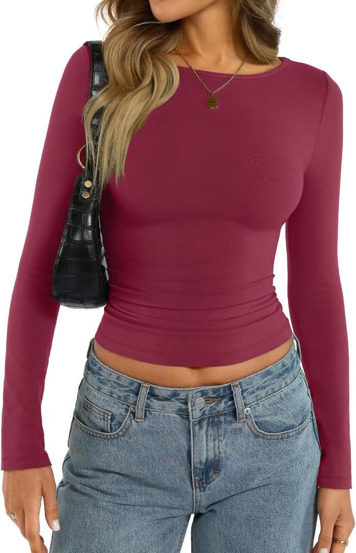 EasyGala Womens Cotton Boat Neck Long Sleeve Shirts Basic Going Out Stretchy Slim Fit Y2k Crop Tops (Large, Magenta)