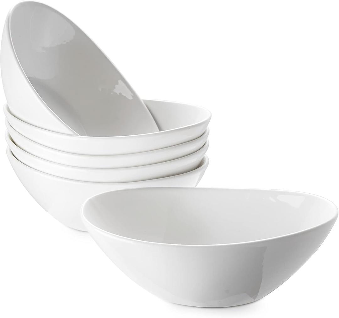 DOWAN White Cereal bowls, 16 Ounces Ceramic Dessert Bowls Set of 6, Oval Ice Cream Bowls for Cereal Snack Dessert Pasta and Side Dish, Microwave & Dishwasher Safe, Good Size for Garden Tea Parties (7 inches)