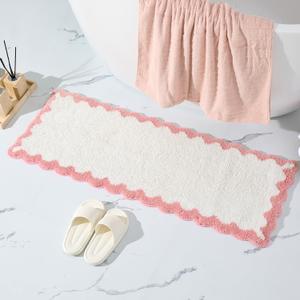 ORTIGIA Long Cute Scalloped Bathroom Rugs Runner, Fun White and Pink Plush Microfiber Scallop Bath Mats Non Slip Washable Quick Dry Absorbent, Rug Carpet for Bathtub Sink Laundry Room Bedroom, 17x47 (1'5" x 3'11")