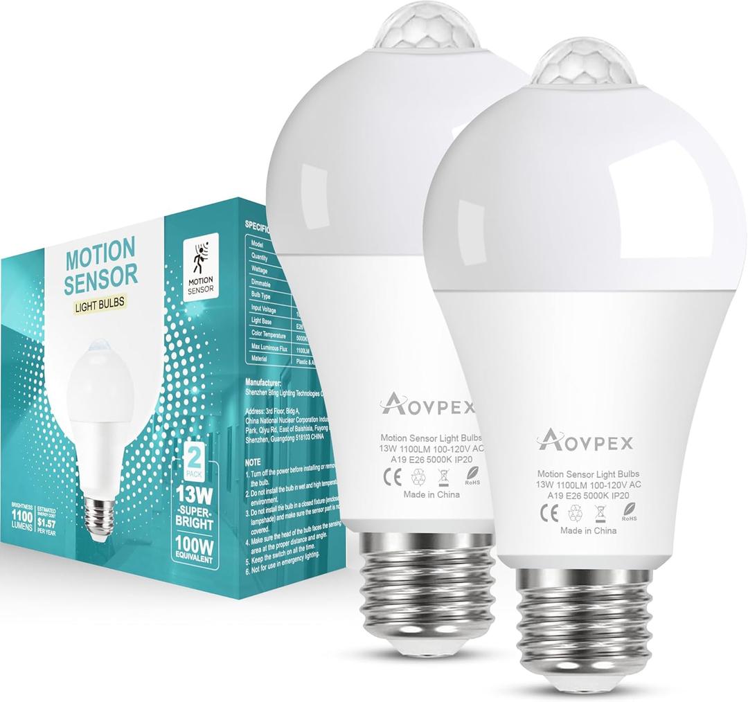 Motion Sensor Light Bulbs, Dusk to Dawn, 13W 100W Equivalent, Movement Activated Security LED Bulb, 5000K Cool White, for Outdoor Indoor, Porch Garage Basement Hallway Closet, 2 Pack