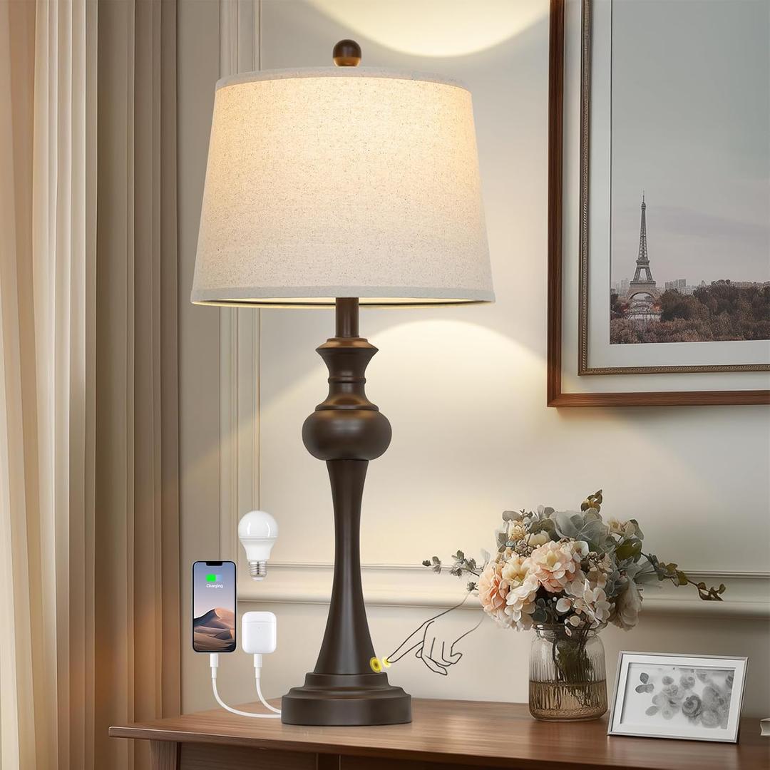 CINSARY 29" Tall Brown Table Lamp, 3-Way Dimmable Touch Control Bedside Lamp with USB A+C & AC Outlet for Bedroom, Living Room (1 Pack)