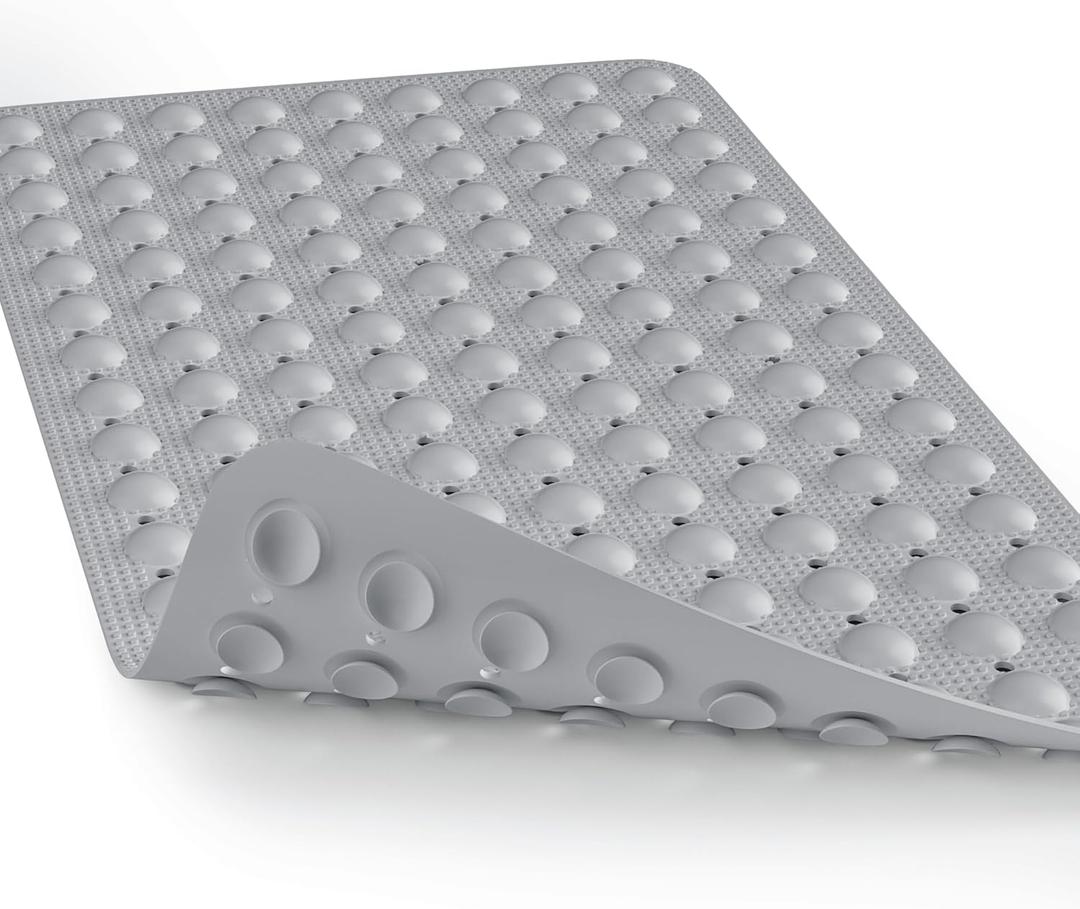 Bath Mat for Tub Shower Mat Non Slip Kids Rubber Shower Tub Mat, 100% Natural Rubber no Plastic Odors Perfect for Baby and Elder, Strong Suction Cups, Textured Mat Surface, 28 X 16 inches, Grey (Grey With Drain Holes)