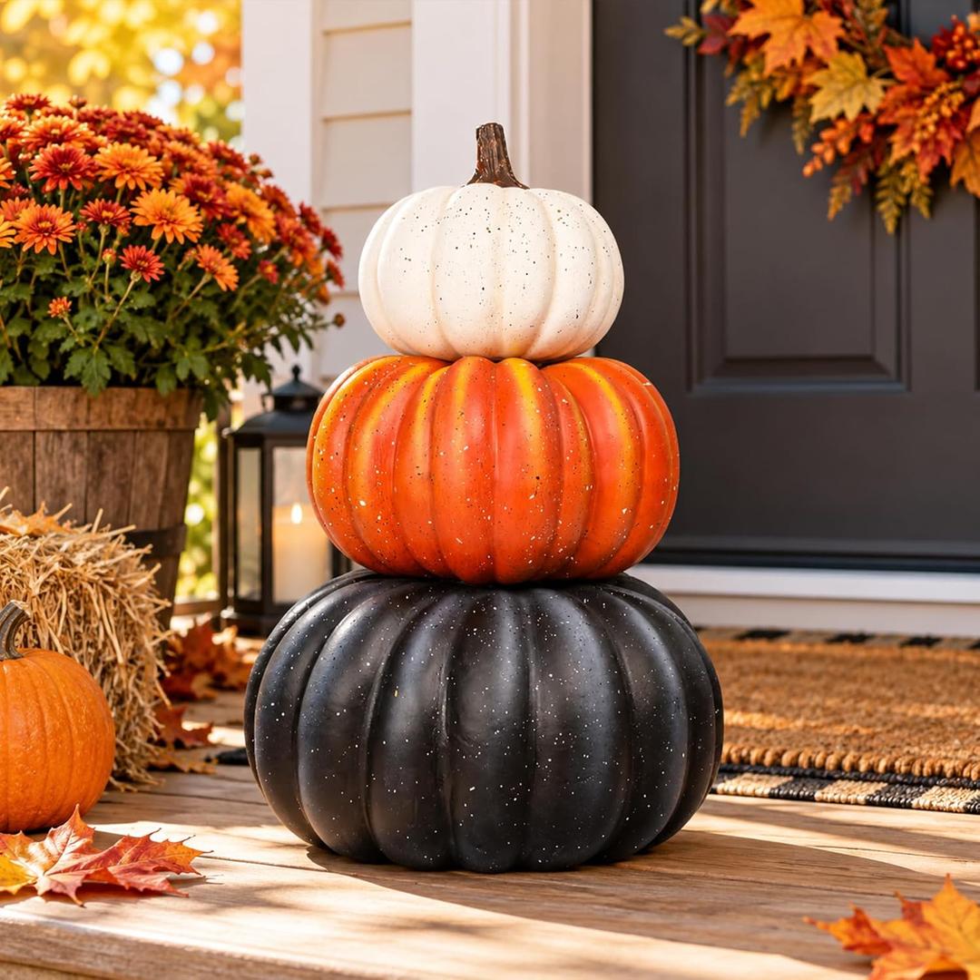 23 Inch Large Stacked Faux Pumpkins,3-Tier Fall Halloween Porch Decoration