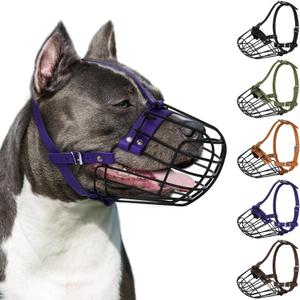 Pitbull Dog Muzzle Breathable Metal Basket for Large Dogs Amstaff Staffordshire Terrier Secure Wire Mask Adjustable Durable Leather Straps Biting Chewing Barking (Blue)