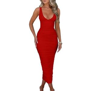 BEAGIMEG Women's Sexy Ruched Sleeveless Deep V Elegant Cocktail Evening Party Maxi Dress, XL