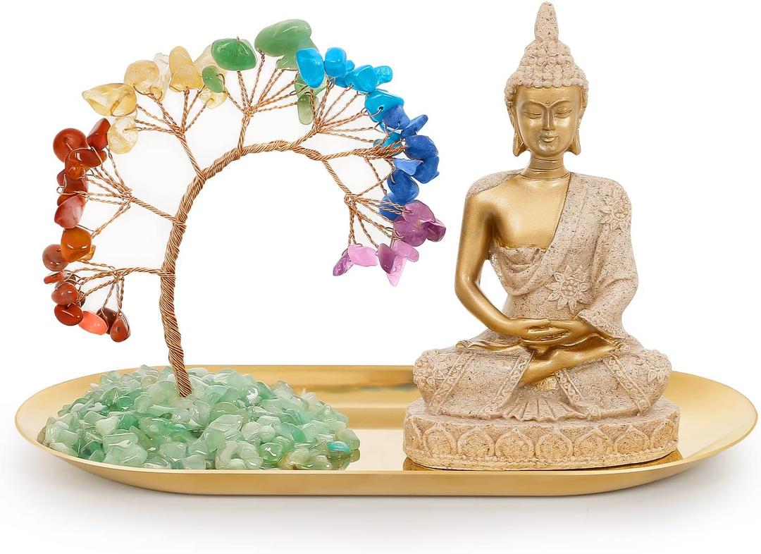 INNOLITES 7 Chakra Crystal Tree and Buddha Statue Set, Yoga Meditation Decor, Money Tree and Buda Statues for Home Living Room Office Shelf Decoration Wealth and Luck (Gold)