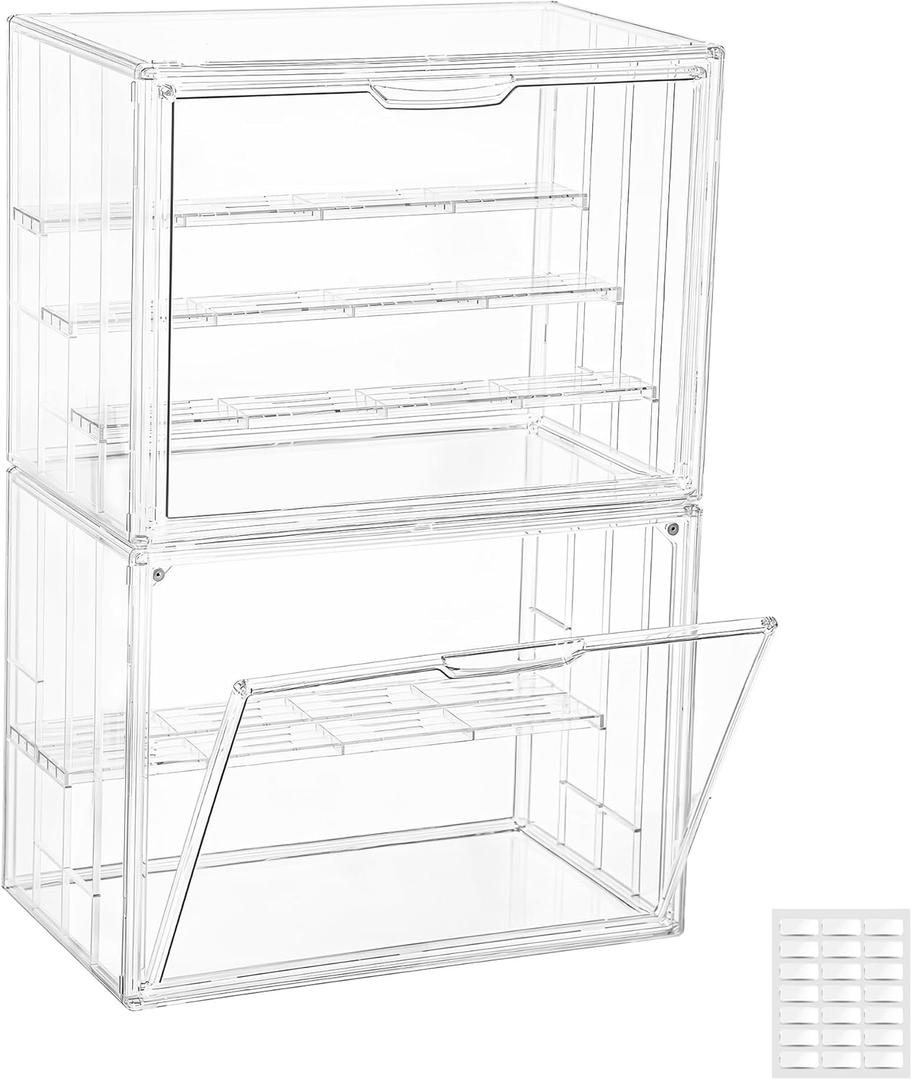 Attelite Acrylic Display Case,Upgrade 4 Tiers Clear Display Case with 3 Adjustable Divider, 2 Pack Stackable Large Storage Box with Magnetic Door for Collectibles Action Figures