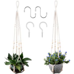 Macrame Plant Hanger for 5 to 10 Inch Plant Pots, Set of 2 Indoor Handmade 35 Inch Woven Rope Hanger Kits with Hooks and Wood Beads, Hanging Planter Basket Holder for Boho Home Decor (White, 2 Pack)