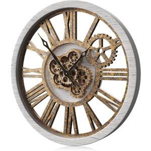 The B-Style Large Wall Clock Moving Gear Wall Clock Oversized Vintage Farmhouse Wall Clocks for Living Room Decor Rustic Industrial Wood Clock (Silver Gray, 18 inch/46cm)