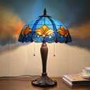 Tiffany Table Lamp 16" Blue Large Stained Glass Desk Reading Light | 2-Lights Handcrafts Antique Style Nightstand Bedside Lamp For Living Room Bedroom Study Office W16" x H23"
