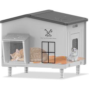 Large Plastic Heated Cat House for Outside in Winter, 100% Weatherproof & Insulated Outdoor Heated Cat House with Safe Escape Door, Elevated Feral Cats Shelter for Barn Cats 21.6"x17"x19.7"