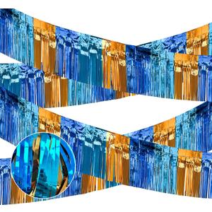 2 x 4 Packs Total 39 Ft Parade Floats for Trailer Car, Orange Blue Foil Fringe Garland Tinsel Blue Dog Themed Streamers Hanging Banner Table Skirts for Graduation Homecoming Birthday Dog Themed Party