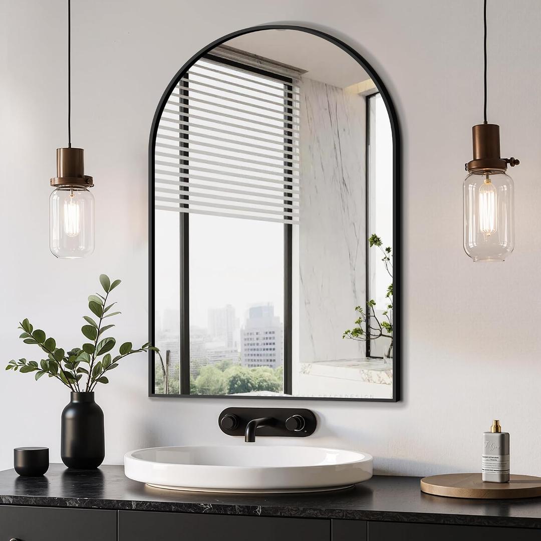 Arched Bathroom Mirror, Black, 20"x30"
