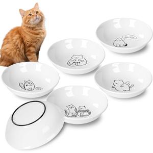 6 PCS Cat Bowls,Cat Food Bowl,Anti Whisker Fatigue Ceramic Cats Dishes for Indoor Cats,Shallow Wide Kitten Plates for Wet & Dry Food and Water,Non-Slip Silicone Base (Cute Drawing cat)