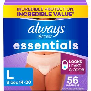 Always Discreet Essentials Adult Diapers for Women, Postpartum Essentials, Disposable Briefs, Unscented Incontinence Underwear Bladder Leak Protection, Size L, 56 Count