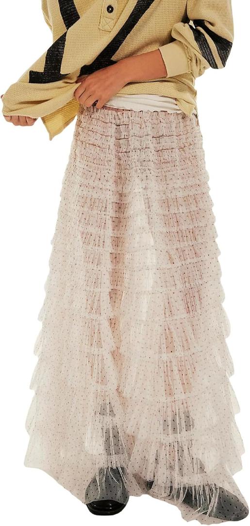 UAURORAO Women Tulle Slip Maxi Skirt Ruffle Pleated Lace Slip Skirt See Through Underskirt Layered Tutu Skirt Petticoat (Large, Pin Dot White)