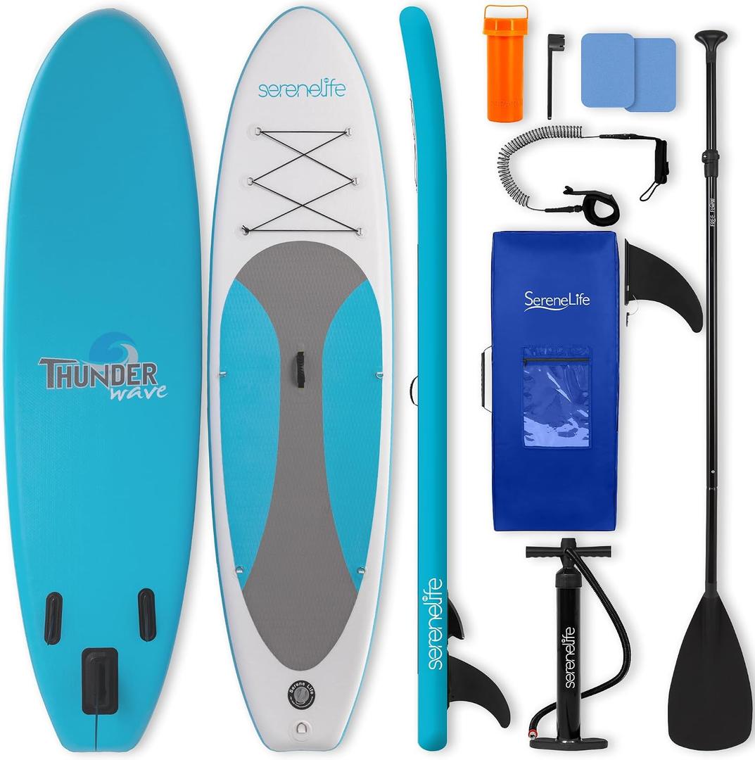 SereneLife Inflatable Stand Up Paddle Board - Wide Stable Design, Non-Slip Deck for Adults & Youth with Premium Paddle Board Accessories: Carry Bag, Dual Action Pump, Paddle, Ankle Leash