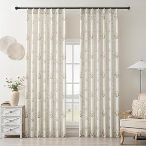 Coffee Pinch Pleated Floral Curtains 84 Inches Long for Living Dining Room Pinch Pleat Light Filtering Linen Semi Sheer Curtains Tan Brown Flower on Beige Pattern Printed Boho Farmhouse Drapes 40x84