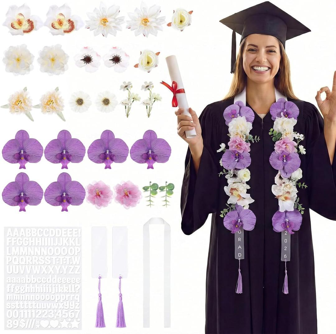 Yinder 36 Pcs DIY Graduation Leis Set Class of 2026 Flower Graduation Stole with Tassel Acrylic Card Letter Sticker Congrats Grad Necklace for Craft High School College Gift Ceremony Party(Purple)