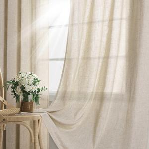 Beige Tan Linen Curtains  2 Panel for Bedroom Grommet Burlap Flax Linen Drape Semi Sheer Light Filtering Privacy Neutral Rustic Farmhouse Window Curtain  for Living Room  60x82 Inch