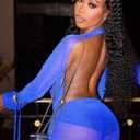 Women's Sexy Long Sleeve Two 2 Pieces Outfits Sheer Mesh Mini Dress Skirt Set Top V Neck Backless Ruched Bodycon Cover Up (Blue, XL)