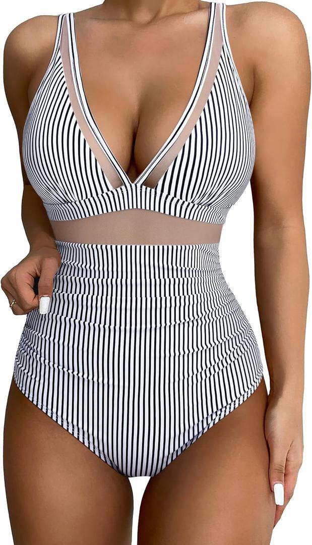 SUUKSESS Women Sexy Mesh Tummy Control Swimsuit Push Up High Waisted Bathing Suit (10 Black Striped)