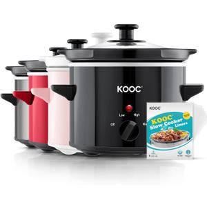 KOOC Small Slow Cooker, 2-Quart, Free Liners Included for Easy Clean-up, Upgraded Ceramic Pot, Adjustable Temp, Nutrient Loss Reduction, Stainless Steel, Black, Round