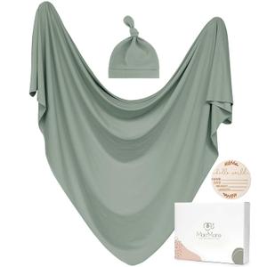 MairMore Baby Swaddle Receiving Blankets with Matching Beanie Set Newborn Nursery Swaddle Wrap for Baby Girls and Boys (Green)