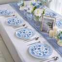 U-QE 50Pcs Blue Plastic Plates - Botanical Stripes Plates Disposable Heavy Duty, Fancy Floral Pattern Perfect for Weddings, Tea Parties, Holidays - 10.25" Dinner & 7.5" Dessert Plastic Plate