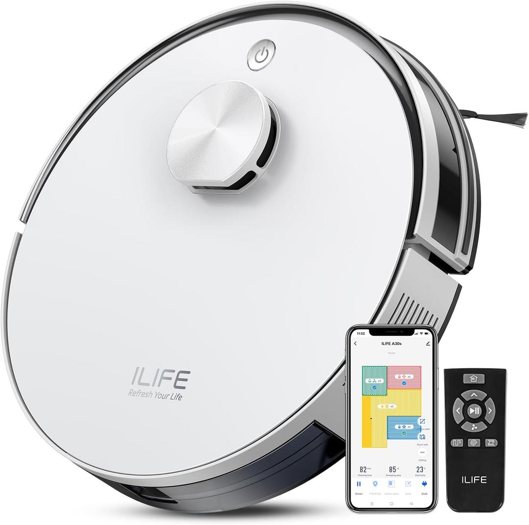 ILIFE A30s Robot Vacuum, 10000Pa Max Suction Robotic Vacuum Cleaner with LiDAR Navigation, Home Mapping, No-Go Zone, 150 Mins, 2.4G WiFi/App/Alexa/Remote Control, for Hard Floor Carpet and Pet Hair