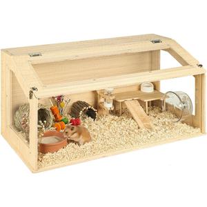 Large Wooden Hamster Cage, 31.5" Portable Habitat with Acrylic Panels & Openable Top, Includes Water Bottle, Fences and Platform for Syrian Hamsters, Dwarf Hamsters, Gerbils