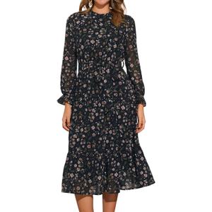 Allegra K Fall Casual Floral Dress for Women 2025 Long Sleeve Crew Neck Chiffon Midi Tea Party Ruffle Dresses (Large)