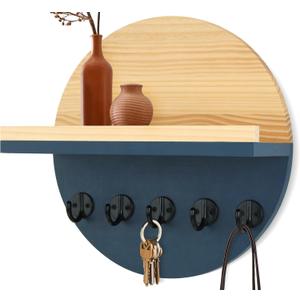Blue Key Holder for Wall with Shelf - Wood Mail Organizer and Rack with Shelf Hooks Wall Mounted for Entryway Decor Magazines Letter Storage Farmhouse Living Room Bedroom Doorway