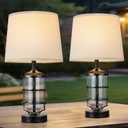 Outdoor Table Lamps Set of 2, Farmhouse Lamps for Patio Table Decor with Cord, Rustic Table Lights with Seeded Glass, 23.5" Plug-in Outdoor Lamps for Patio Waterproof (Antique Copper)