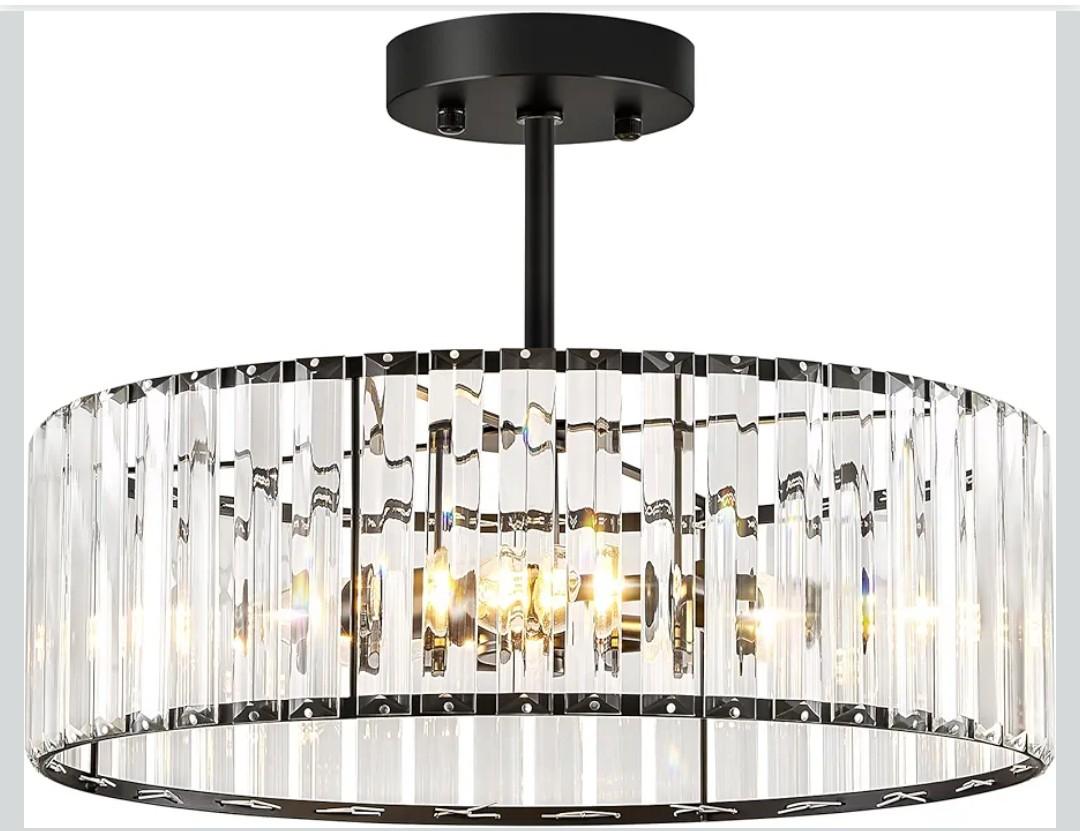 Crystal Black Ceiling Light, Modern Semi Flush Mount Ceiling Lighting Fixture, Round Hallway Lighting Fixtures Chandelier for Kitchen Entryway Bedroom Dining Room, 3-Light, 15.7 Inch