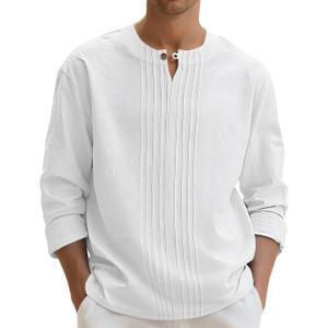 Men's Linen Shirts Casual Long Sleeve Pleated Front T-Shirt Button Henley Collared Loose Lightweight Pullover Top (X-Large)