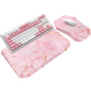 3-in-1 Ergonomic Keyboard Stand with Wrist Rest & Mouse Pad Set, Comfy Keyboard Riser Holder Soft Mousepad with Massage Design, Memory Foam and Non-Slip PU Base for Pain Relief, Pink Marble