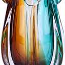 Hand Blown Glass Vase, Murano-Style Colorful Art Glass Centerpiece, Heavy Large Wide Mouth Ruffle Rim, Teal Turquoise and Amber, and Wedding Decorations Living Room Decor (7.48in)